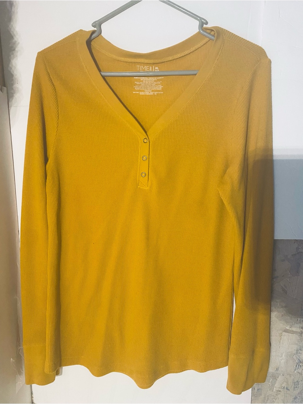 Time and Tru Mustard Ribbed Henley Long-Sleeve Top